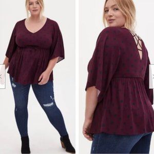 Torrid Purple Polka Dot Babydoll Stretch V Neck Blouse